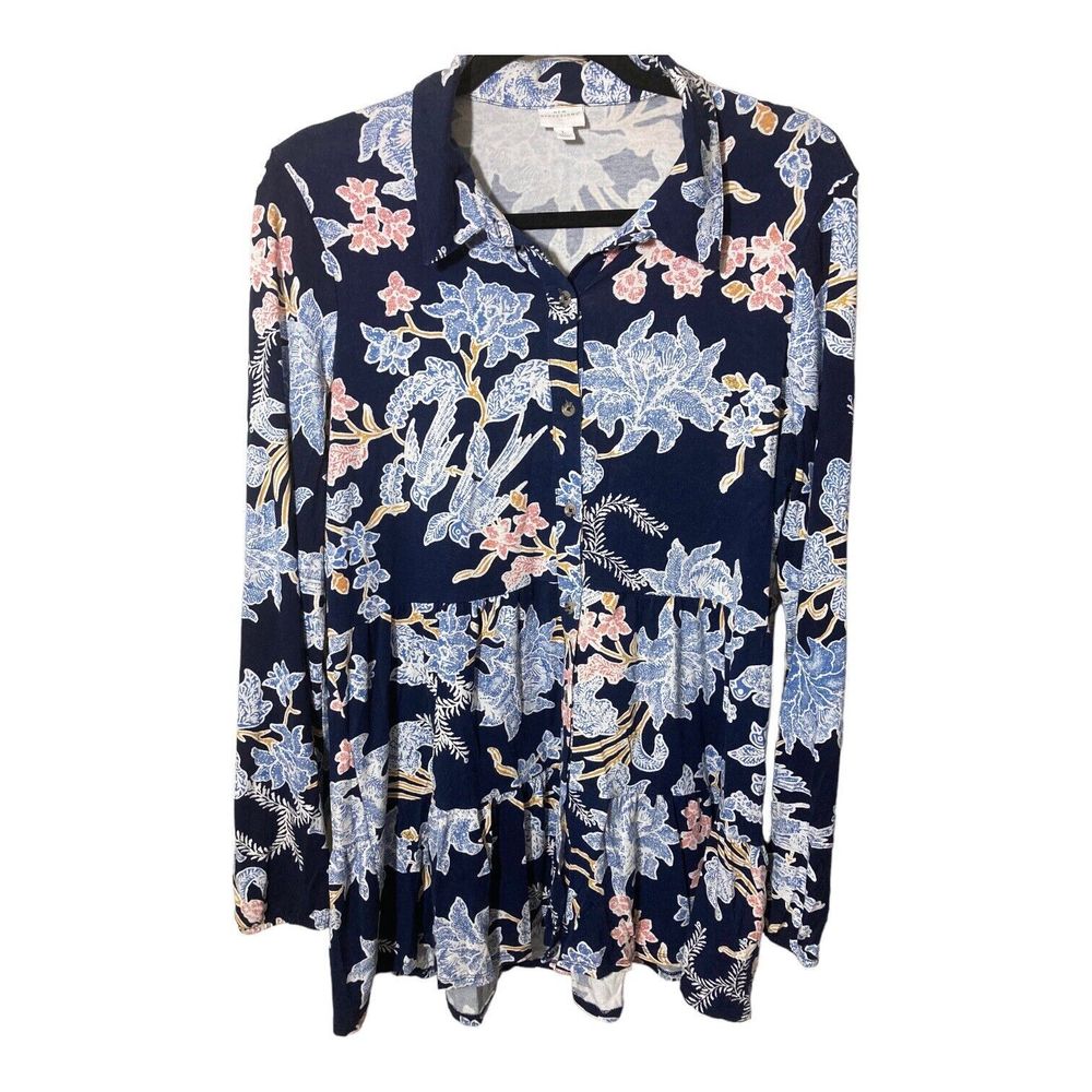 New Directions Navy Floral Button Up Knit Top Womens Large Long Sleeve Stretch